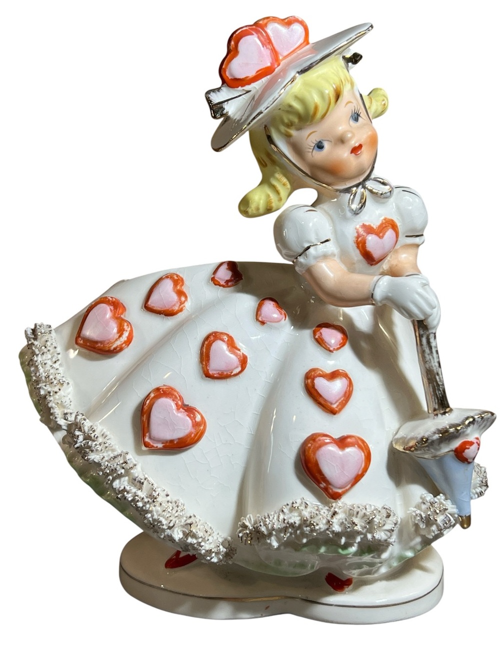 Vintage 1959 Heart-Accent Ceramic Valentines Day Girl Figurine Planter - Japan